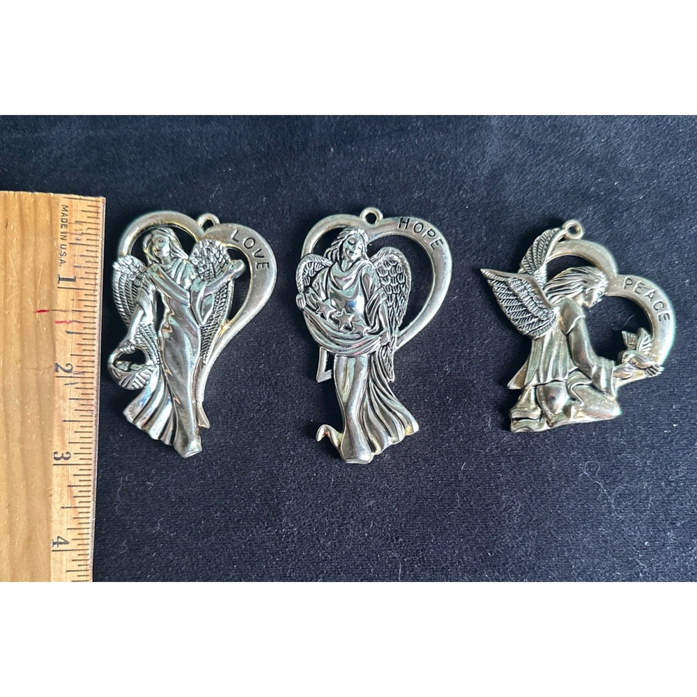 Lot Of 3 Gorham Christmas Angels Silver Plated Peace Love Hope  3"‎ Heart Shaped - Picture 14 of 14